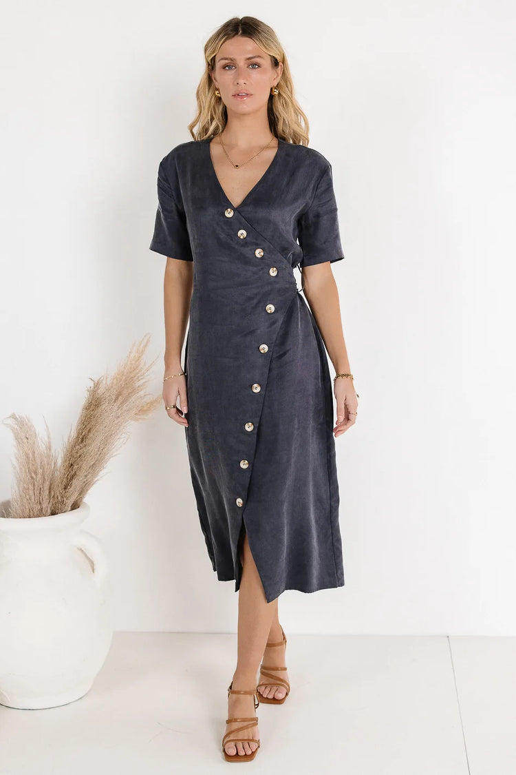 Front button detailed midi dress in navy 