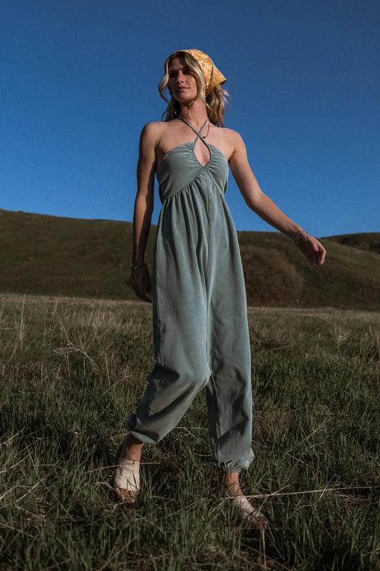 Cross neck straps jumpsuit in teal 