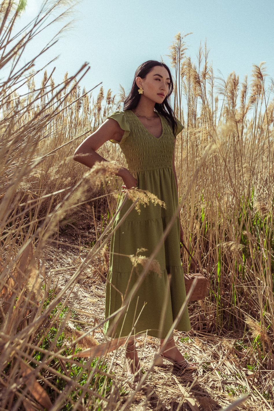 Rain Smocked Midi Dress in Green