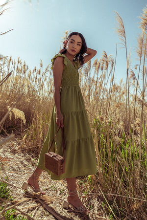 Rain Smocked Midi Dress in Green - FINAL SALE Rain Smocked Midi Dress in Green - FINAL SALE