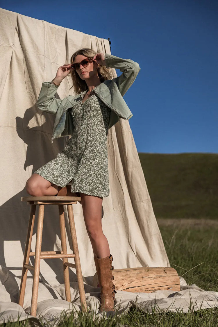 Button up mini dress in sage 