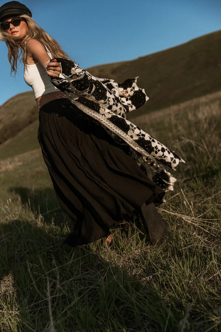 Kimono in black paired with a maxi black skirt 