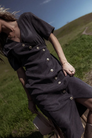 button up front on navy dress