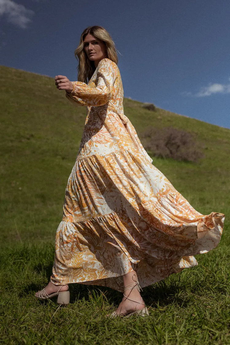 Tiered tropical maxi dress in mustard 