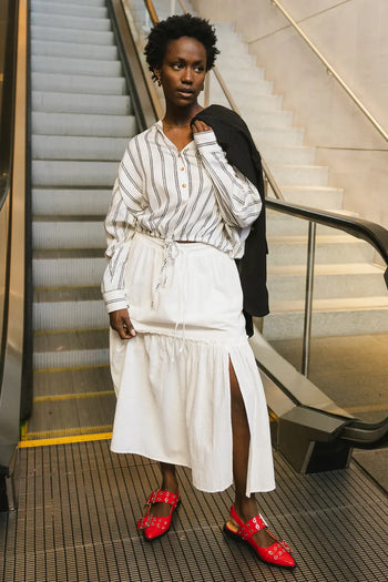 Woven striped top in white 