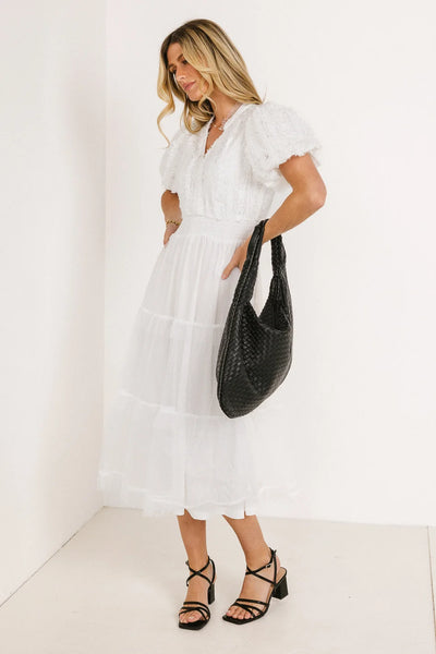 floating by pleated neckline mesh midi dress embellished white Padme Mesh Midi Dress in White