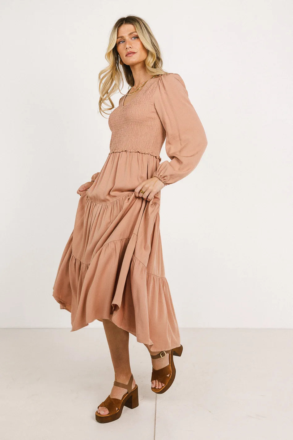 Smocked Tiered Midi Dress in Pink - FINAL SALE Smocked Tiered Midi Dress in Pink - FINAL SALE