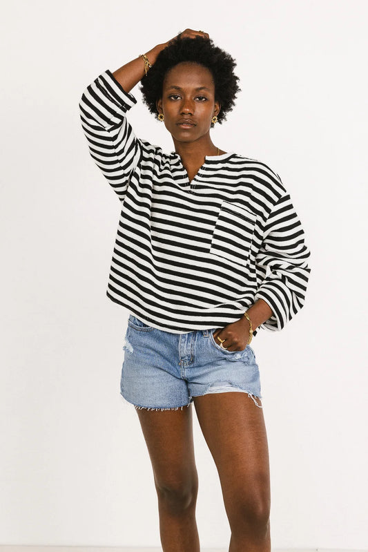 One side pocket striped top in black and white 