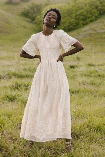 smocked embroidered midi dress 