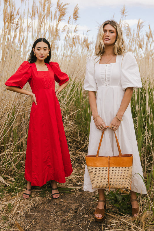 puff sleeve dress in red and white