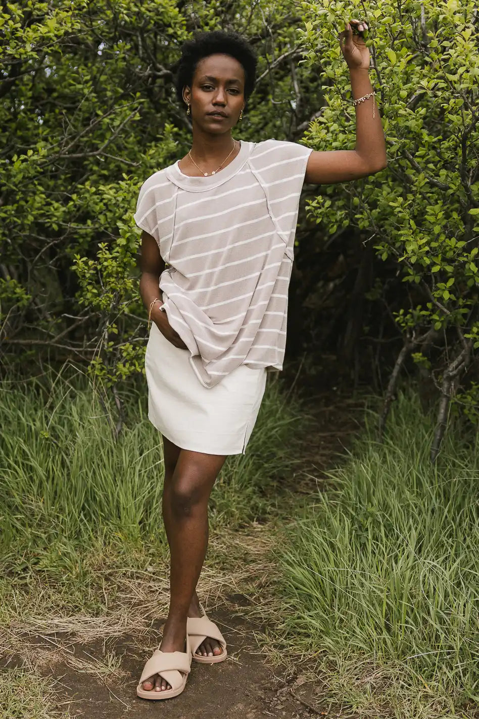 Knit striped top in mocha 