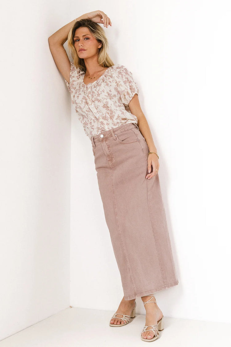 Two hand pockets midi skirt in mauve 