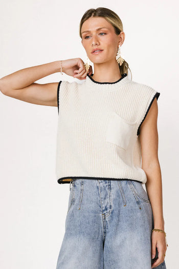Black hem top vest in cream 