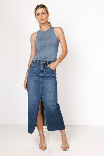 denim maxi skirt in medium wash