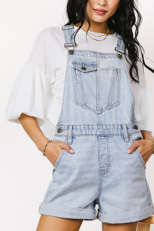 puff sleeve top in white with denim short alls
