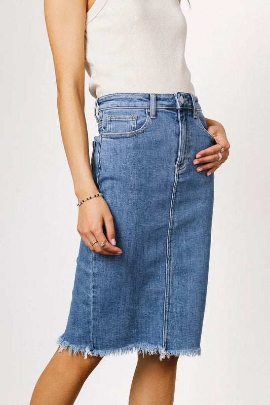 High rise denim skirt in medium wash 