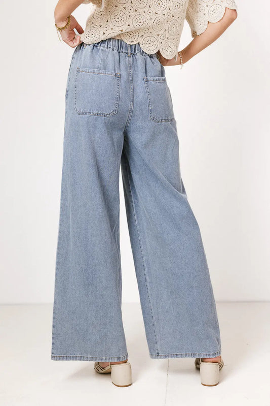 Two back pockets wide legs in medium wash 