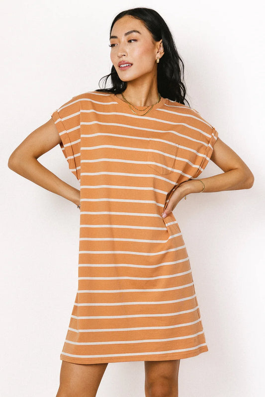 Round neck striped dress in rust 