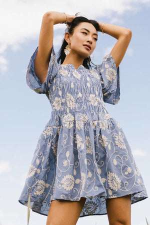 Priya Embroidered Mini Dress in Blue