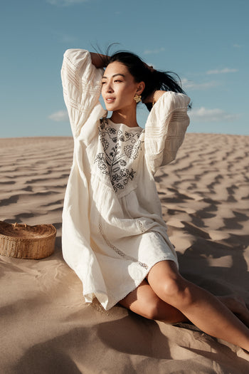 mini dress in cream with embroidery