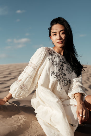 puff sleeve cream dress