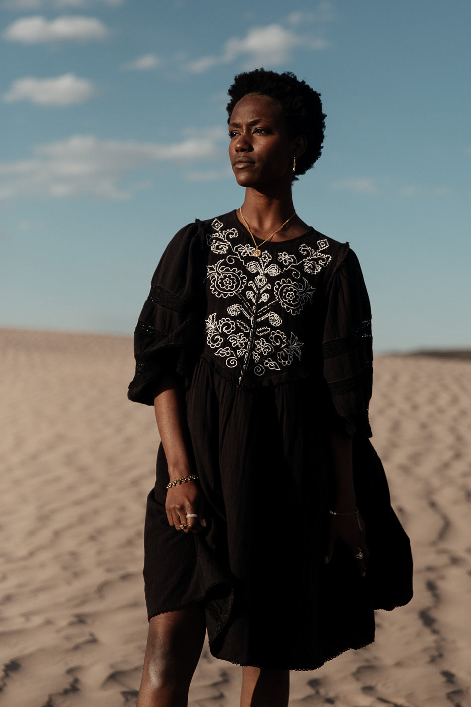 black embroidered mini dress Black Embroidered Tulle Belted Long Sleeve Mini Dress main image 1