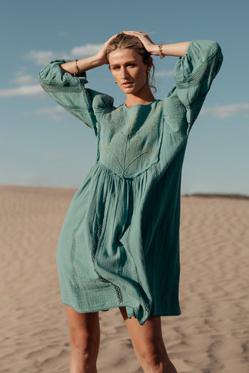 embroidered mini dress in teal