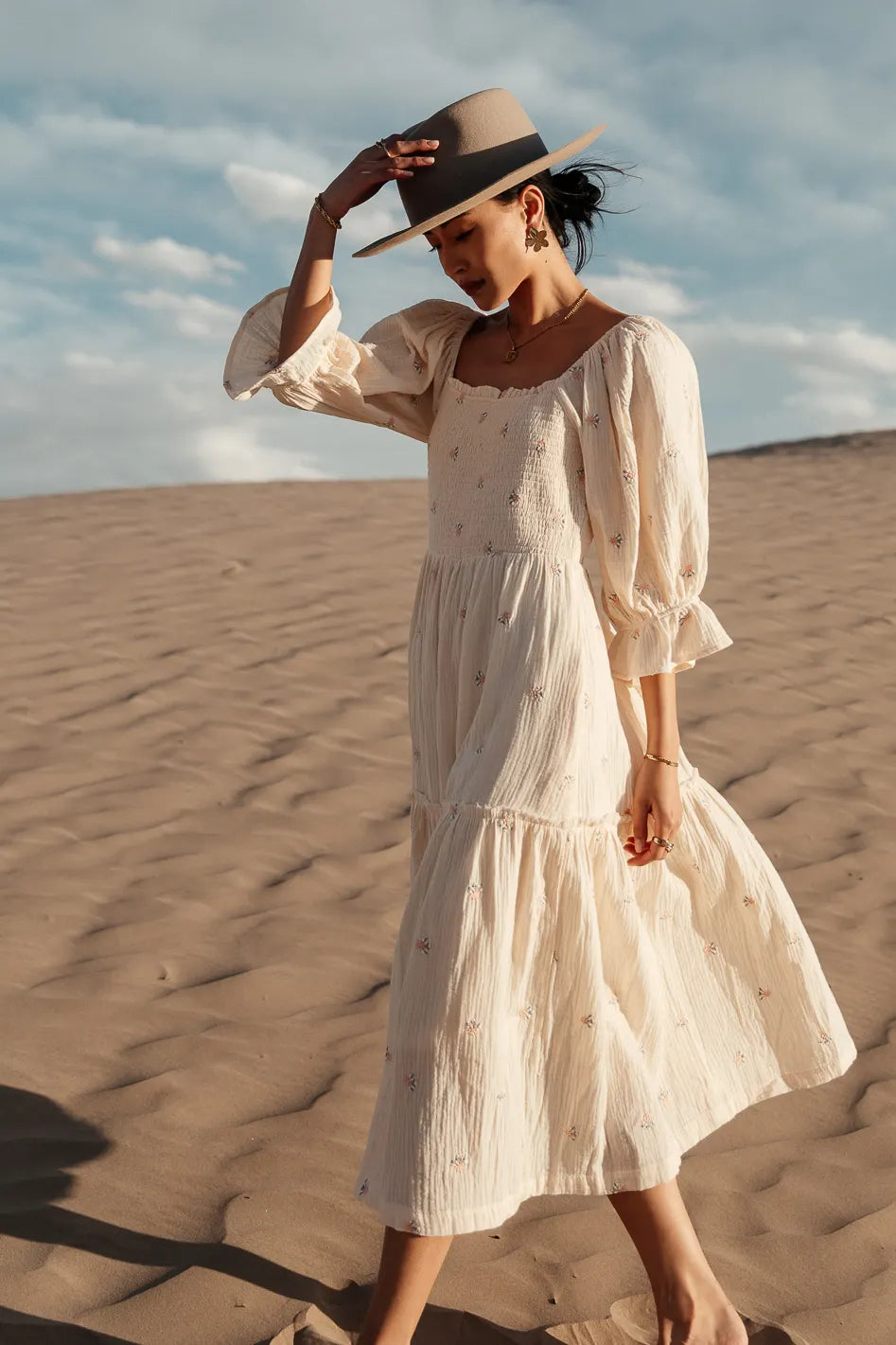 Ditsy Floral Embroidered Dress in Cream - FINAL SALE Ditsy Floral Embroidered Dress in Cream - FINAL SALE
