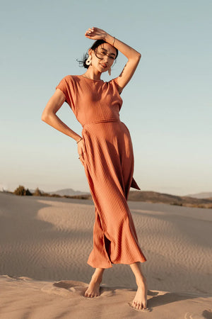 Vaeda Ribbed Tie Dress in Rust - FINAL SALE