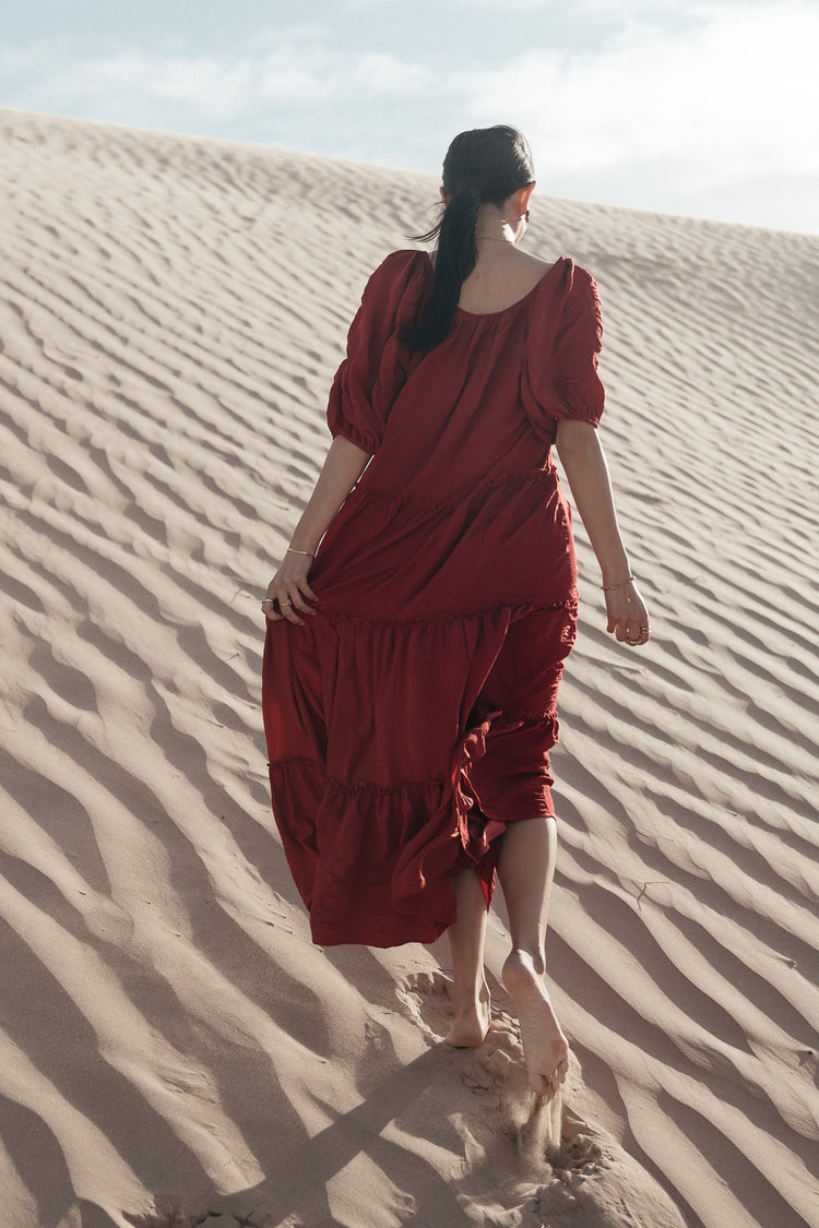 red tiered maxi dress