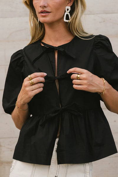 Natalia Peplum Tie Blouse in Black - FINAL SALE