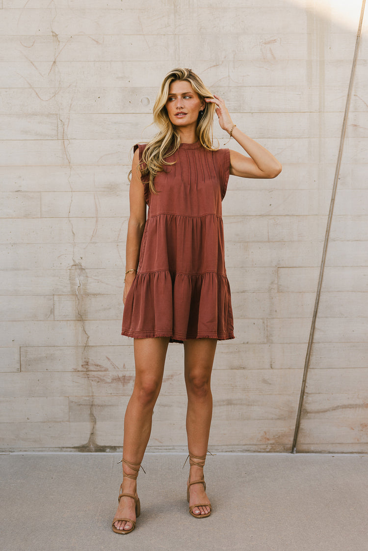 flutter sleeve mini dress in brick