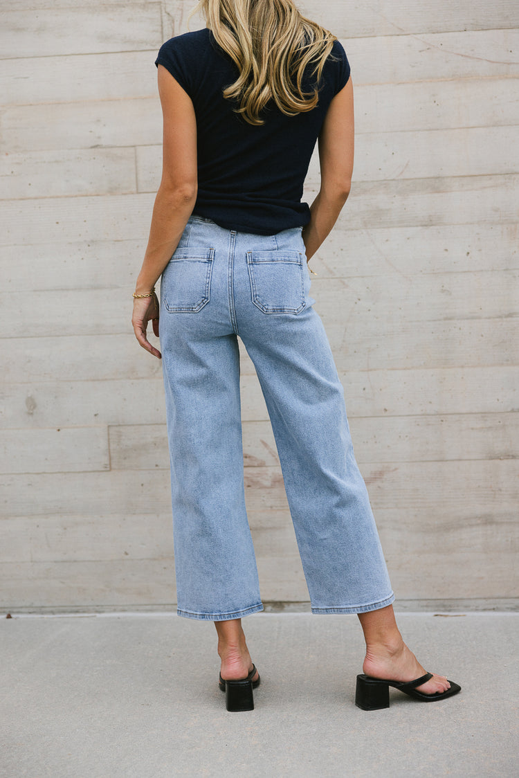 wide leg light wash denim jeans