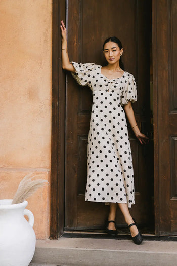 Polka dot midi dress in beige 