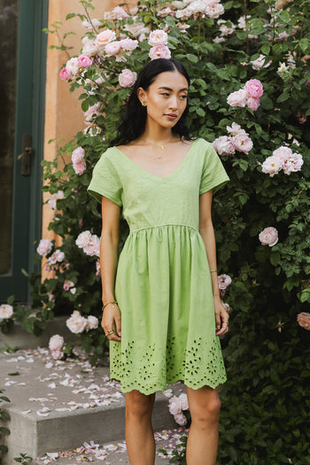 eyelet hem mini dress in green