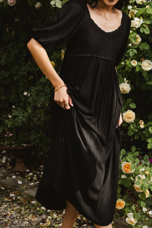 black short sleeve midi dress