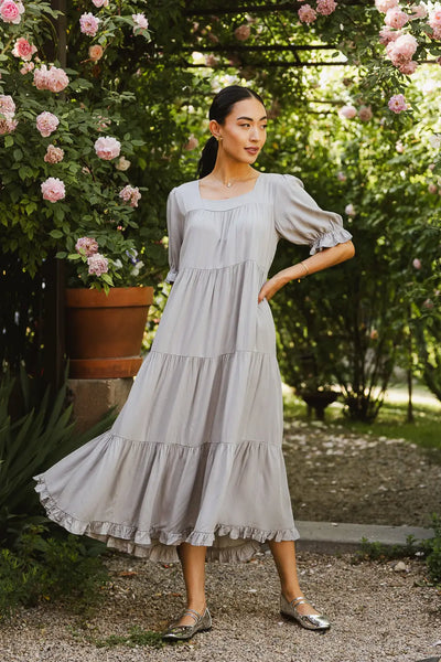Danae Tiered Midi Dress in Slate Blue Danae Tiered Midi Dress in Slate Blue