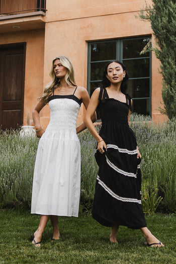 black smocked midi dress 