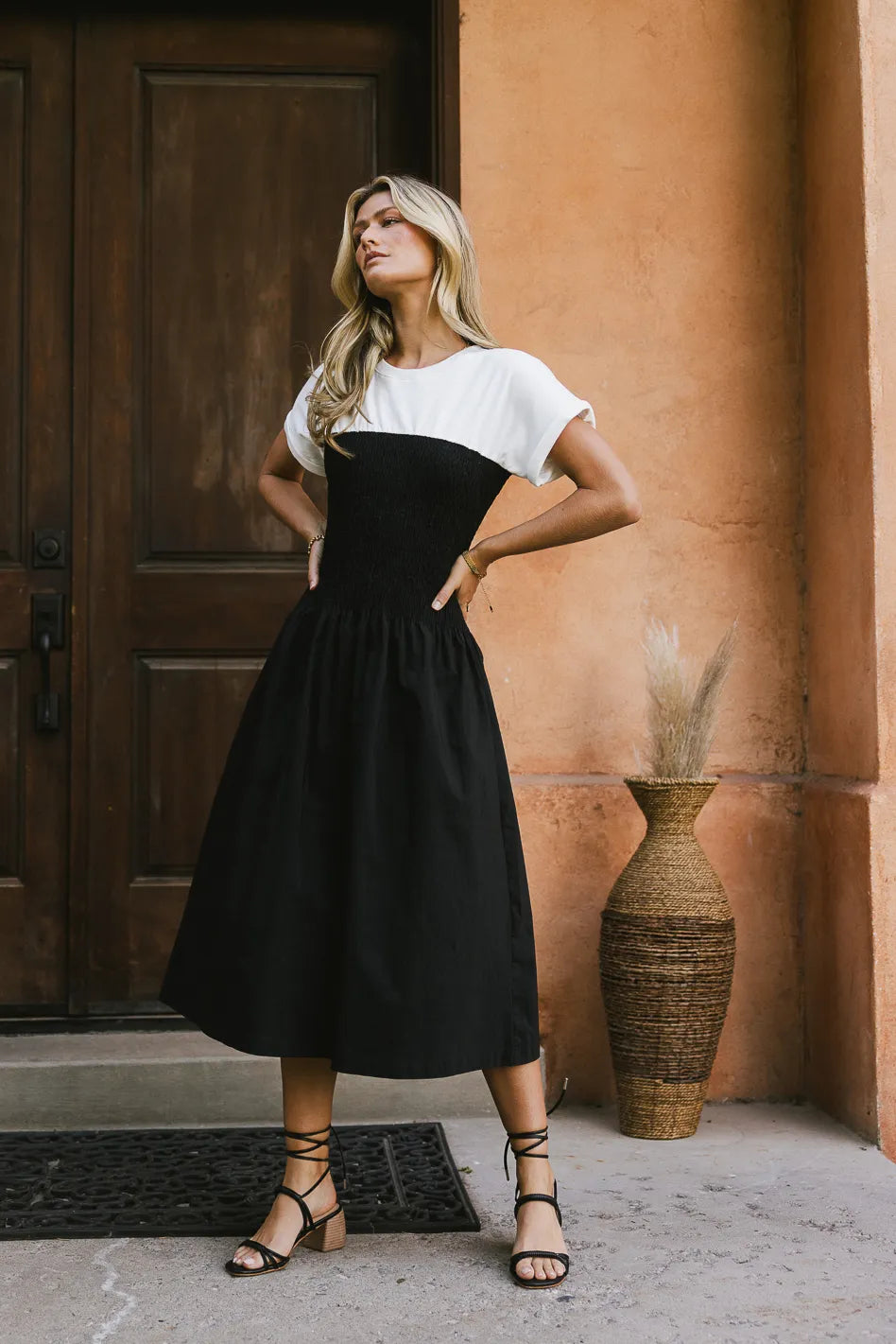 bohme black dress Florence Smocked Midi in Ellia Crepe A Line Full Sleeve The Ivy Fitted Midi Filter Colors:Multi