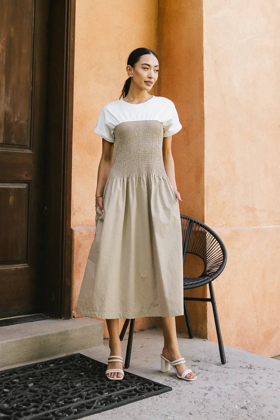 smock top midi dress Florence Smocked in Taupe maternity dress with ruffles Classic Leather Dress Belt 94 cm SIZE M Color:PATRON-BURGUNDY
