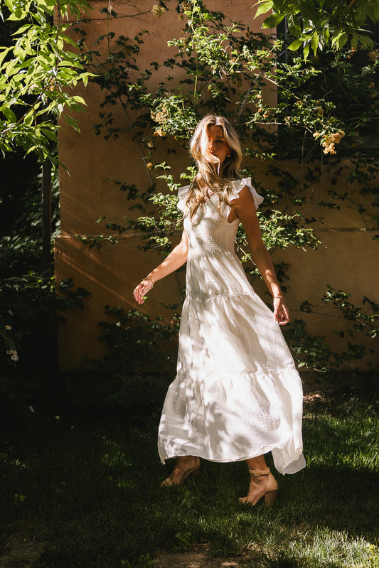 smocked maxi dress in white