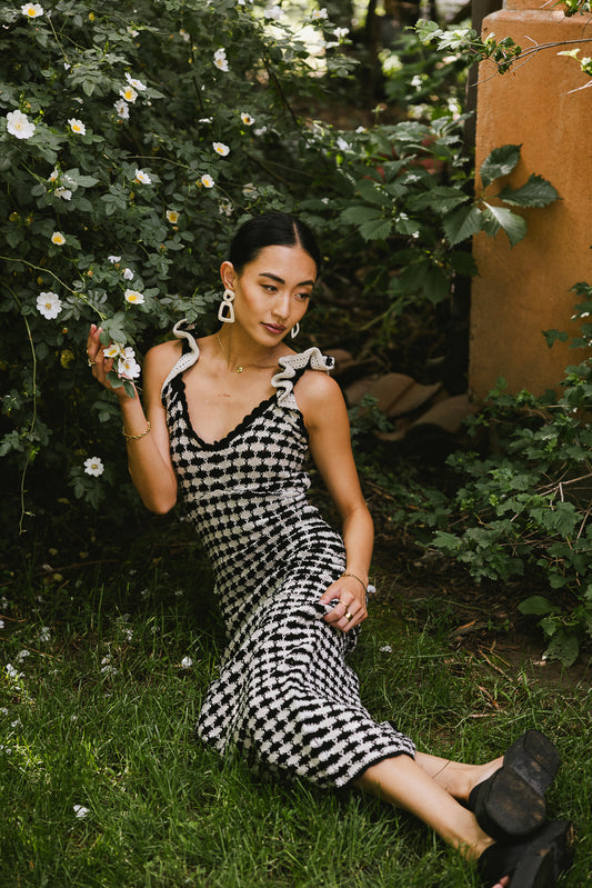 crochet midi dress in black and white