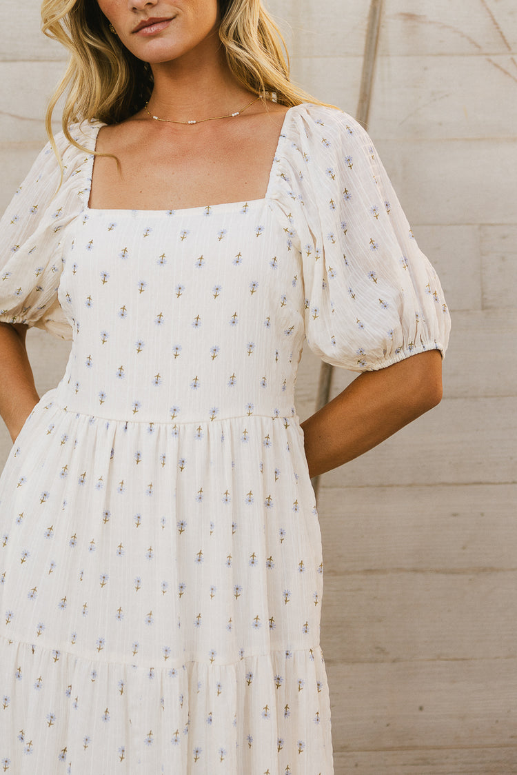 ivory dress with blue ditsy floral