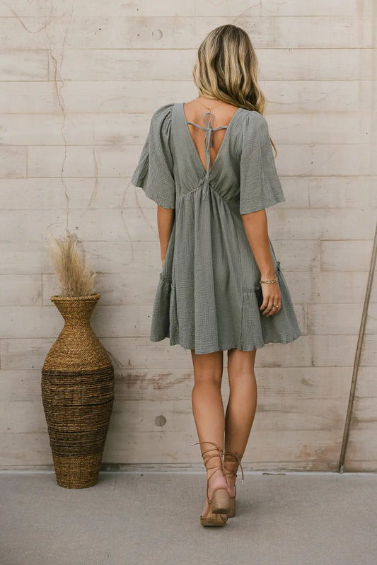 Adjustable back tie dress in sage 