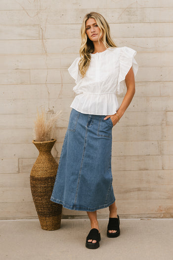 denim midi skirt with white blouse