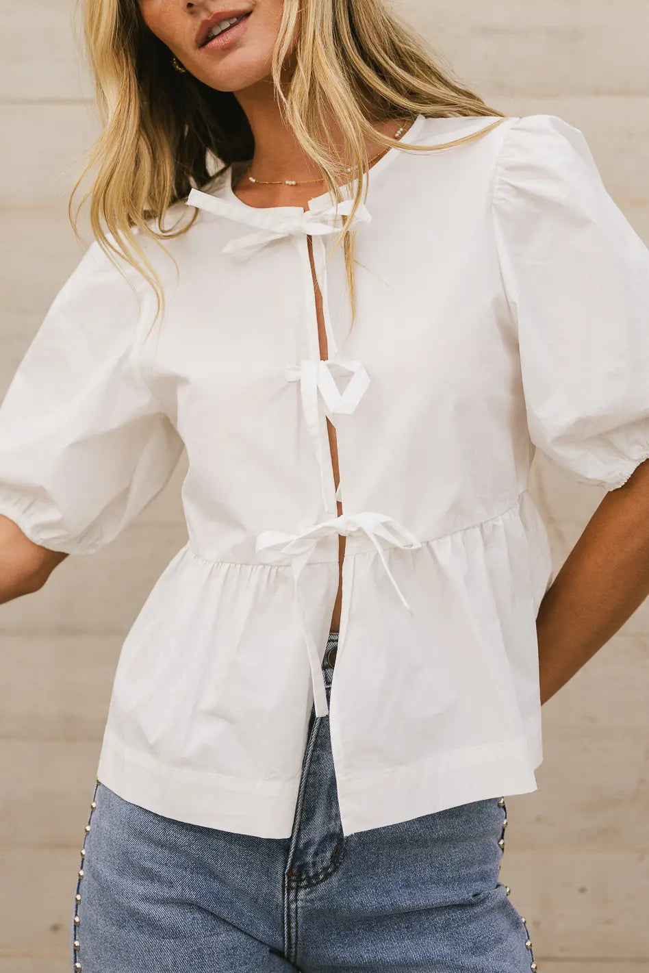 Natalia Peplum Tie Blouse in White - FINAL SALE
