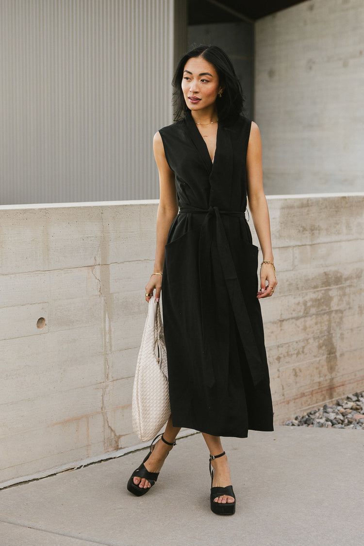 black midi dress with front pockets