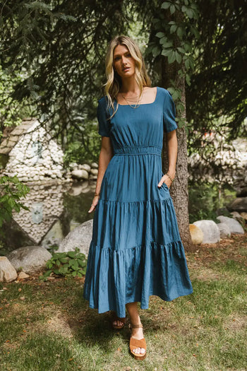 Two hand pockets dress in teal 