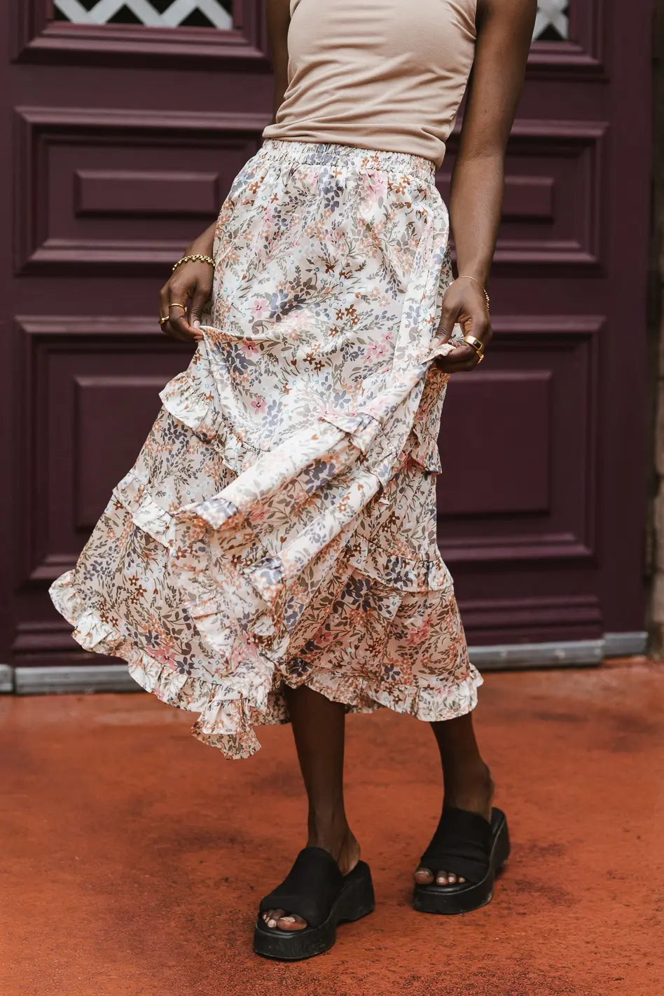 Dimitria Floral Midi Skirt in Sand bohme
