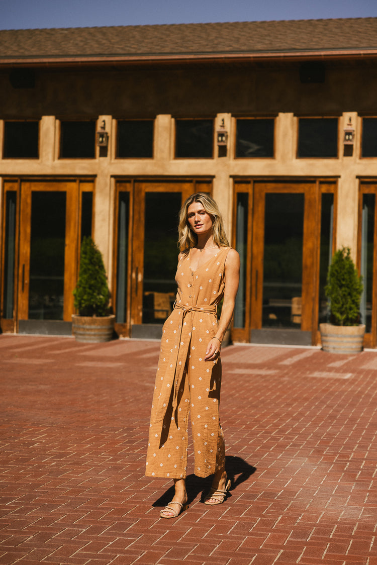 sleeveless jumpsuit in camel